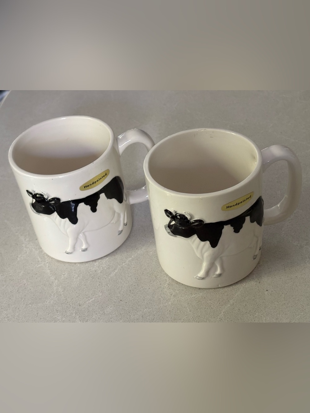 Otagiri White Ceramic Cow Mugs with Black Accent Set of 2 Vintage 1982 3D Japan